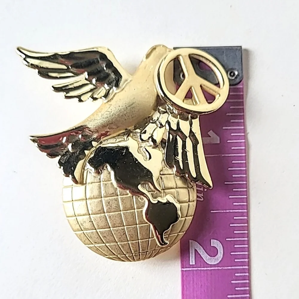 World Peace Brooch by AJC - Dove, Peace Sign, Globe